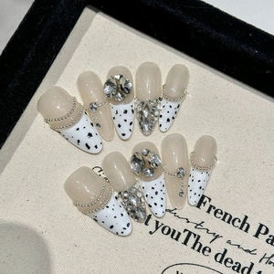 Handmade Long Stiletto Press On Nails Dalmatian Print With Rhinestones Silver Bead Chain Luxury French Style