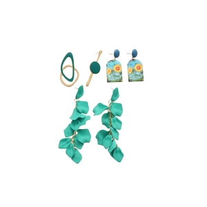Three-piece acrylic drop earring set with floral patterns and green petal tassels