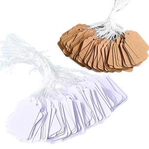 Brown kraft and white cardstock jewelry price tags with strings on a white background