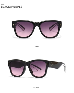 Detailed views of cat eye sunglasses with black frames and purple gradient lenses