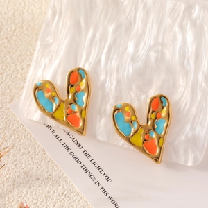 Colorful enamel heart stud earrings in gold plated stainless steel with modern art style