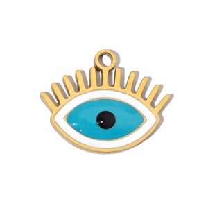 Golden evil eye pendant with blue and white enamel inlay on a clean white background