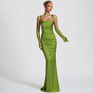Detail of elegant olive green satin slip dress with matching sheer mesh evening gloves