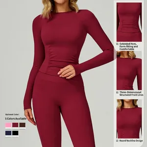 Dunkelrotes Yoga-Set mit Langarm-Oberteil und High-Waist-Leggings für Fitness und Laufen