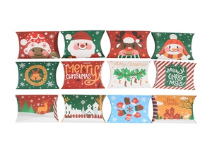 Macro display of 12 festive Christmas pillow boxes with diverse holiday patterns and designs