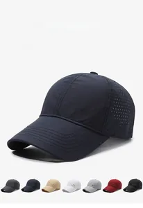 Detail view of the laser-cut ventilation holes on a quick-dry outdoor hiking baseball cap