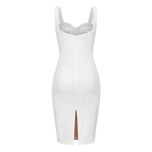 Back view of white bodycon dress featuring open back, invisible zipper, and hem slit detail