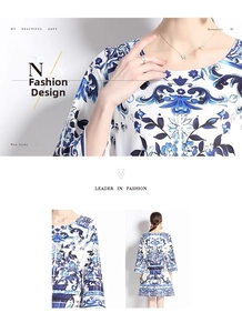 Detail view of round neck dress featuring vintage blue and white porcelain floral prints