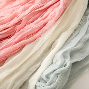 Breathable soft crinkle cotton scarf with hollow lace detail in pastel assorted colors
