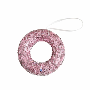 Pink donut Christmas tree ornament with glitter sequins and beads on a white ribbon