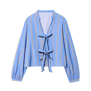 Women's light blue striped long sleeve poplin shirt with V-neck bow tie decorations