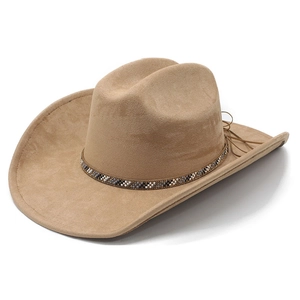 Classic camel faux suede western cowboy hat with ethnic beaded band and wide brim