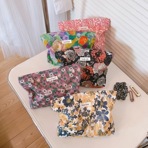Floral Makeup Bag Retro Cotton Canvas Large Capacity Cosmetic Organizer Travel Zipper Clutch Handbag Pouch For Women