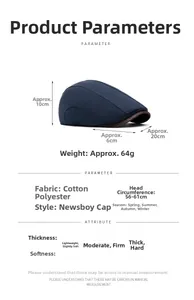 Size chart and dimensions for navy cotton-blend newsboy cap with leather brim