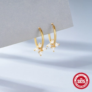 S925 sterling silver gold flower hoop earrings with white zircon four-leaf clover pendant