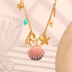 Collier Trombone En Acier Inoxydable Plaqué Or 18K Breloques Océan Coquillage Étoile De Mer Palmier Bijoux Pour Femmes