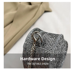 Detail of silver sequined mini bag showing high-quality metal hook and fine chain texture
