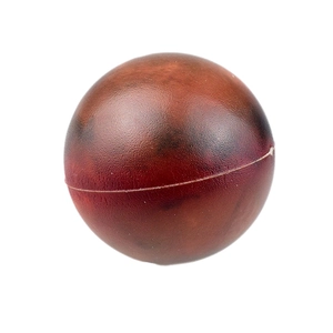 Close-up of red planet stress ball showing soft PU foam texture and molded seam details