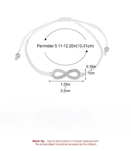 Detailed dimension guide for white infinity symbol bracelet showing adjustable length and size