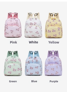 Detail view of mini children backpacks in six macaron colors with cartoon bear patterns