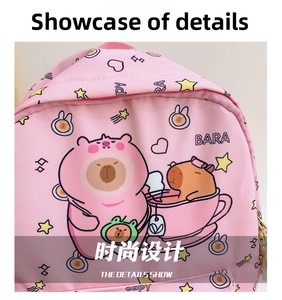 Detail shot of pink toddler backpack with cute capybara print and textured fabric