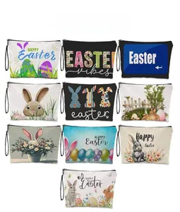 Detailed grid showing ten varied Easter bunny and egg printed canvas cosmetic bags