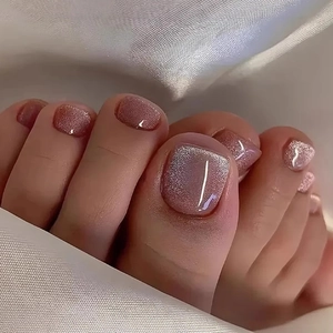 Cat Eye Press On Toenails Short Square Fake Toe Nails Magnetic Shiny Glossy ABS Nude Pink Pedicure Decoration Women