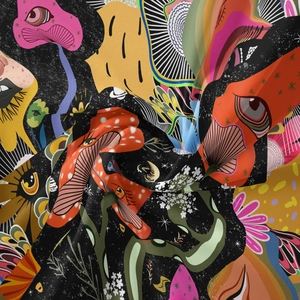 Detail of soft psychedelic mushroom tapestry fabric showing smooth texture and vivid print