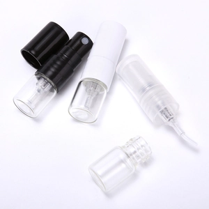 Portable 1ml glass perfume spray bottles in clear, white, and black plastic finishes