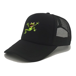 Breathable black trucker hat featuring a green cartoon frog print and mesh back