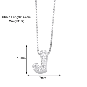 Detailed view of silver letter J pendant with cubic zirconia and 47cm chain dimensions