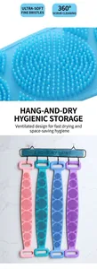 Detail of high-density silicone bristles and double-handle back scrubber in four colors