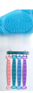 Detail of high-density silicone bristles and double-handle back scrubber in four colors