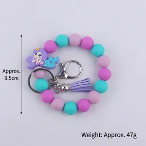 Cartoon mermaid silicone bead keychain bracelet with purple leather tassel and silver ring