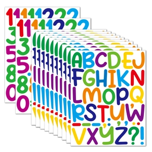 Fan-shaped stack of colorful waterproof vinyl 2-inch alphabet and number stickers