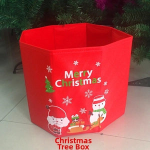 Detail of red hexagonal non-woven Christmas tree collar with Merry Christmas print