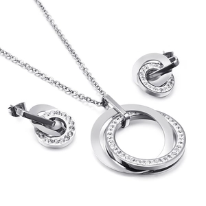 Stainless steel jewelry set featuring interlocking double rings with crystal accents