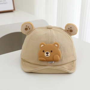 Infant baseball cap with cute 3D bear ears and rubber bear patch in khaki cotton fabric