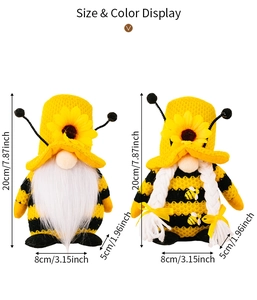 Detaillierte Größenanzeige von Bienen-Gnom-Plüschfiguren mit Sonnenblumen-Strickmützen