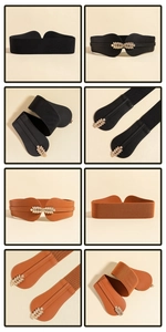 Detail view of elastic waist belt with golden leaf buckle in black and brown colors