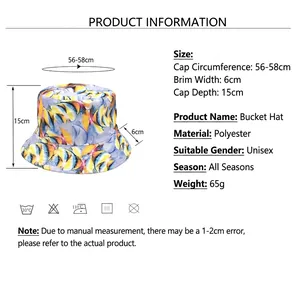 3D tropical fish print reversible bucket hat with size chart and fabric details