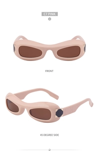 Front and 45-degree side views of pink oval Y2K sunglasses with brown lenses