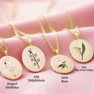 Vintage gold necklaces for May to August featuring enamel birth flower oval pendants