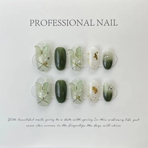 Handmade forest green gradient press-on nails with 3D butterflies and gold foil