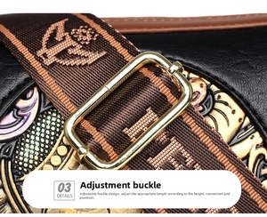Detailed close-up of a vintage embossed bag showing golden metal buckle and woven strap