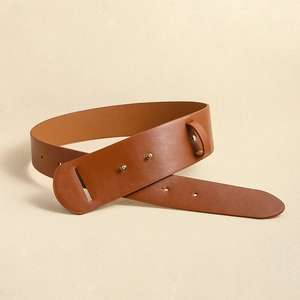 Chic brown leather wide waist belt with golden stud closures for minimalist women's fashion