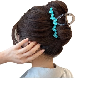 Elegant grey acrylic heart hair claw clip with green glitter accents for women