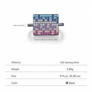 Square pixel-style 925 sterling silver ring with colorful stones in black finish