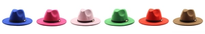 Row of colorful wide brim wool fedora hats with leather bands in six vibrant color options