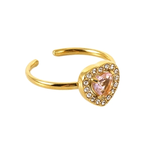 Anello regolabile placcato oro 18K con zircone rosa a cuore e alone di cristalli